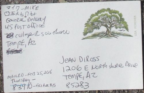 Post cards mailed to Thomas Diross, Tom Diross, Jean Diross, Jesse Brown & Jesse Diross on Thursday, Feburary 25, 2016