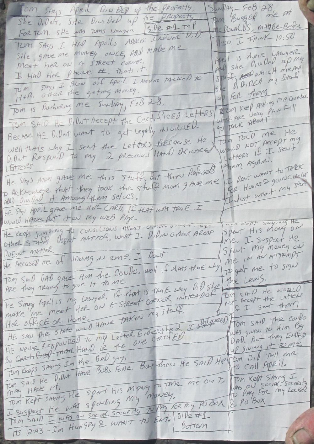 Sunday, Feburary 28, 2016 - Tom Diross's reply to the postcard - He came by McDonalds and these are my notes - Tom Diross, Tom Di Ross, Tom Deross, Tom De Ross  - Jean DiRoss, Jean DeRoss, Jean De Ross, Jean Di Ross