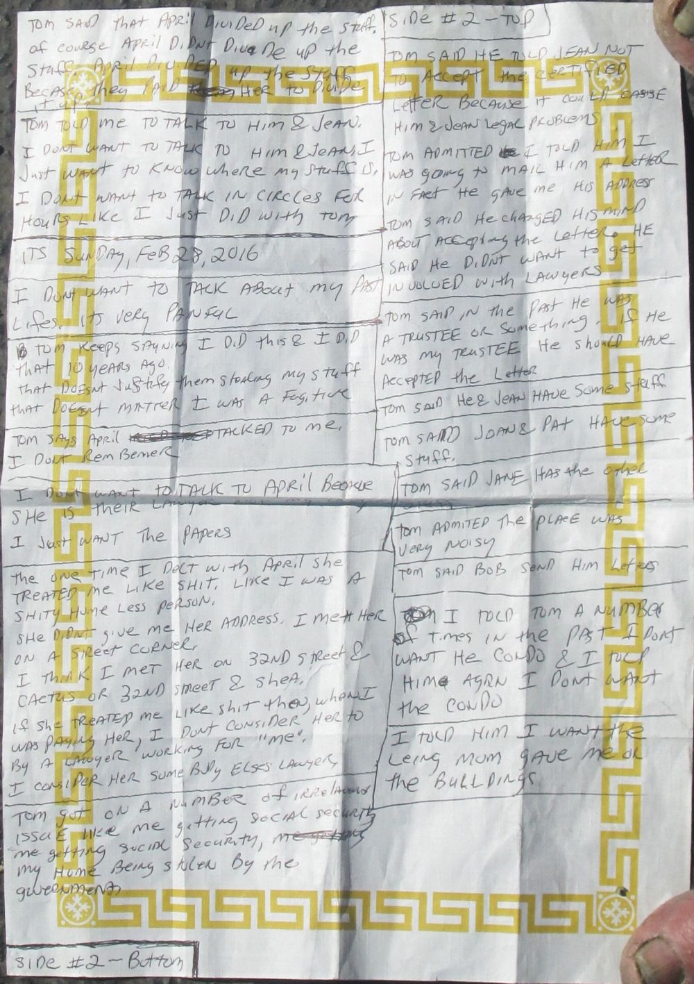Sunday, Feburary 28, 2016 - Tom DiRoss's reply to the postcard - He came by McDonalds and these are my notes - Tom Diross, Tom Di Ross, Tom Deross, Tom De Ross  - Jean DiRoss, Jean DeRoss, Jean De Ross, Jean Di Ross