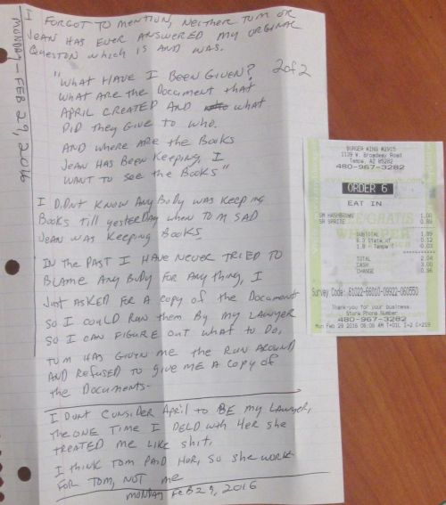Monday, Feburary 29, 2016 - Tom DiRoss's reply to the postcard - He came by McDonalds and these are my notes - Tom Diross, Tom Di Ross, Tom Deross, Tom De Ross - Jean DiRoss, Jean DeRoss, Jean De Ross, Jean Di Ross