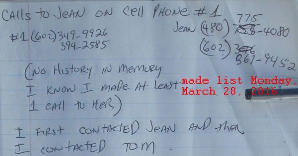 Phone calls made to Tom Diross and Jean Diross - list made on Monday, March 28, 2016
