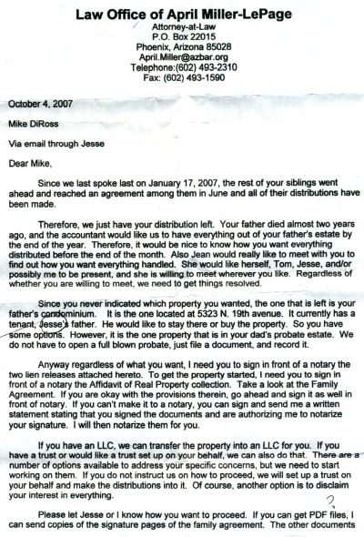Printed letter Jean Diross gave me on Wednesday, November 16, 2016 at the Tempe Library