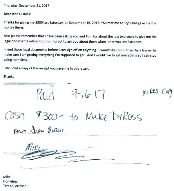 Jean Diross, Jean Di Ross gave me $300 at Frys on Sat, Sept 16, 2017 - letter