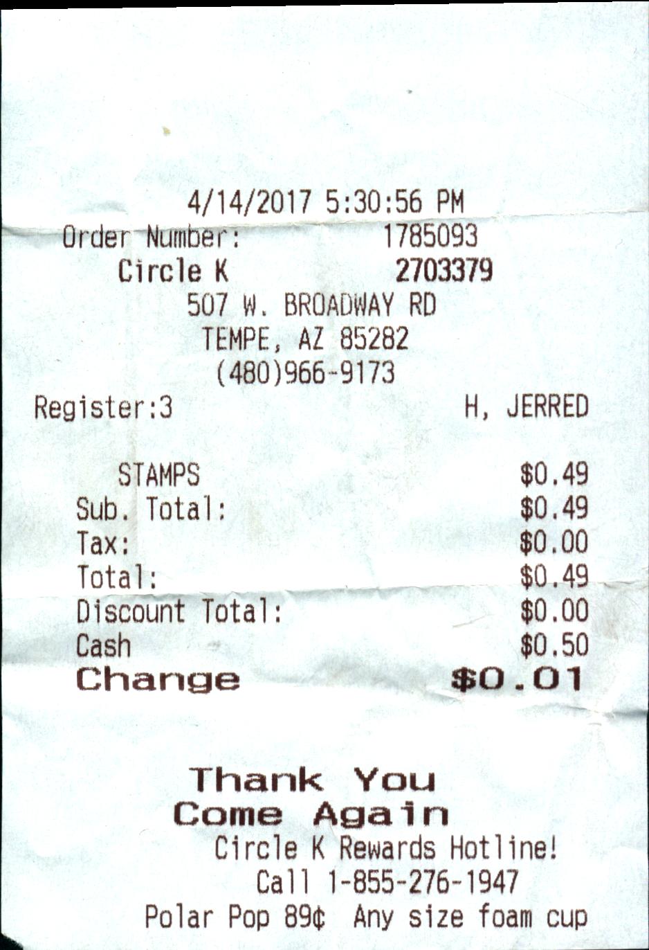 April 14, 2017 receipt from Circle K for stamp to jean for $500